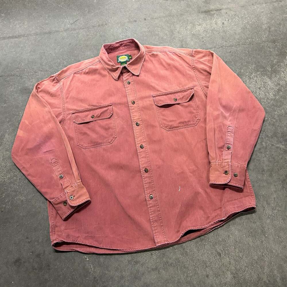 Vintage Cabela’s XL Sun Faded Distressed Workwear Shirt Rust Red 100% Cotton